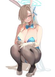 Rule 34 | 1girl, absurdres, animal ears, asuna (blue archive), asuna (bunny) (blue archive), bare shoulders, black pantyhose, blue archive, blue bow, blue bowtie, blue eyes, blue leotard, blush, bow, bowtie, breasts, brown hair, cleavage, closed mouth, detached collar, elbow gloves, fake animal ears, full body, gloves, hair over one eye, hairband, halo, high heels, highres, large breasts, leotard, long hair, looking at viewer, one eye covered, pantyhose, playboy bunny, rabbit ears, simple background, smile, solo, squatting, thighs, tnr (horiko1525), white background, white footwear, white gloves, white hairband