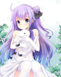 Rule 34 | 1girl, azur lane, bare shoulders, black bow, black ribbon, blush, bow, breasts, closed mouth, commentary request, dew drop, dress, elbow gloves, gloves, hair bun, hair ribbon, highres, leaf, long hair, looking at viewer, medium breasts, hugging object, one side up, purple eyes, purple hair, ribbon, side bun, sidelocks, single hair bun, single side bun, sitting, solo, staryume, stuffed animal, stuffed pegasus, stuffed toy, stuffed winged unicorn, thighhighs, unicorn (azur lane), very long hair, water drop, white background, white dress, white gloves, white thighhighs