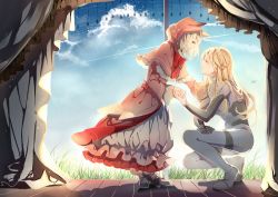 Rule 34 | 2girls, bad id, bad pixiv id, blonde hair, blue eyes, capelet, cloud, cloudy sky, curtains, day, dress, closed eyes, frilled dress, frills, grass, holding hands, long hair, long sleeves, looking at another, multiple girls, neck ribbon, original, pink dress, pudding (8008208820), ribbon, short hair, sky, smile, squatting, wide sleeves