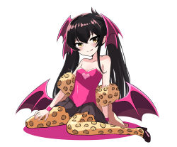 Rule 34 | 1girl, :q, absurdres, animal print, bare shoulders, black hair, collarbone, commentary request, demon wings, flat chest, fur armlet, head wings, highres, idolmaster, idolmaster cinderella girls, idolmaster cinderella girls u149, leopard print, long hair, looking at viewer, matoba risa, pantyhose, print pantyhose, roccamoya, solo, tongue, tongue out, twintails, wings, wristband, yellow eyes