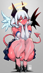 Rule 34 | 1girl, absurdres, angel, ass, bare shoulders, bayeuxman, black wings, blush, breasts, broken halo, colored sclera, colored skin, curvy, demon girl, demon tail, detached sleeves, full body, halo, hands on own cheeks, hands on own face, high heels, highres, horns, large breasts, looking at viewer, medium hair, mismatched sclera, monster girl, orange eyes, original, panties, pointy ears, pout, purple sclera, red skin, skirt, slit pupils, solo, squatting, tail, thick thighs, thighhighs, thighs, underwear, white hair, white wings, wide hips, wings