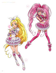 Rule 34 | 2girls, :d, absurdly long hair, absurdres, blonde hair, blue eyes, boots, bow, cure melody, cure rhythm, dress, earrings, full body, green eyes, hair ornament, hair ribbon, hairband, heart, heart earrings, high ponytail, highres, jewelry, kawamura toshie, knee boots, layered dress, layered skirt, long hair, midriff, multiple girls, open mouth, pink bow, pink legwear, precure, red ribbon, ribbon, shiny skin, simple background, skirt, sleeveless, smile, suite precure, thighhighs, twintails, very long hair, white background, white dress, white footwear, white hairband, white ribbon, zettai ryouiki