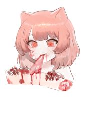 Rule 34 | 1girl, animal ears, bad id, bad pixiv id, blood, blood on face, blood on hands, cannibalism, clenched teeth, commentary, cropped torso, dokomon, eating, guro, highres, holding, korean commentary, original, pink hair, red eyes, severed arm, severed limb, simple background, solo, teeth, upper body, white background