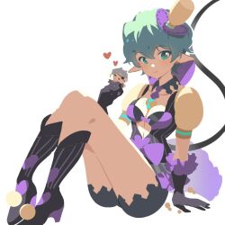 Rule 34 | 1girl, bare shoulders, boots, breasts, cleavage, closed mouth, core crystal (xenoblade), doll, full body, gloves, green eyes, green hair, heart, holding, holding doll, jacket, looking at viewer, medium breasts, no eyewear, pandoria (xenoblade), pointy ears, purple footwear, purple gloves, purple jacket, purple shorts, shorts, simple background, solo, stephanieh81080, tail, white background, xenoblade chronicles (series), xenoblade chronicles 2, zeke von genbu (xenoblade)