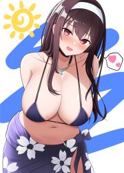 Rule 34 | 1girl, :d, absurdres, black choker, breasts, brown hair, child&#039;s drawing, choker, collarbone, commentary request, floral print, hairband, heart, highres, jewelry, kasumigaoka utaha, large breasts, leaning forward, long hair, looking at viewer, navel, necklace, open mouth, print sarong, red eyes, saenai heroine no sodatekata, sarong, siguren126, smile, solo, speech bubble, spoken heart, stomach, sun, white background, white hairband