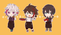 Rule 34 | 3boys, absurdres, ahoge, apron, black apron, black hair, black pants, black shirt, blue eyes, blue hair, bowl, diamond (shape), earrings, food, full body, fuwa minato, grey hair, grey pants, highres, holding, holding bowl, holding food, holding whisk, jewelry, licking lips, male focus, mayuzumi kai, multicolored hair, multiple boys, nijisanji, pants, pink hair, purple eyes, purple hair, purple pants, purple shirt, red hair, saegusa akina, shirt, short hair, streaked hair, tongue, tongue out, two-tone hair, virtual youtuber, waist apron, whisk, white shirt, yuki (yu kix8)