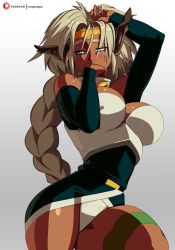 Rule 34 | 1girl, aisha clanclan, animal ears, bare shoulders, bell, neck bell, blush, braid, breasts, cat ears, circlet, collar, commentary, dark skin, dark-skinned female, detached sleeves, dress, green eyes, jingle bell, large breasts, long hair, looking to the side, morganagod, outlaw star, panties, pantyshot, short dress, silver hair, single braid, slit pupils, solo, standing, thick thighs, thighs, underwear, white panties