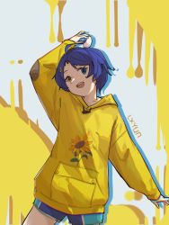 Rule 34 | 1girl, ahoge, artist name, blue eyes, blue hair, blue shorts, commentary request, cowboy shot, egg, egg (food), floral print, food, hair ornament, hairclip, heterochromia, highres, holding, holding egg, hood, hoodie, liuxingyun lxyun, long sleeves, looking at viewer, ooto ai, open mouth, orange eyes, shadow, short hair, shorts, smile, solo, sunflower print, teeth, triangle hair ornament, upper teeth only, wonder egg priority, yellow hoodie