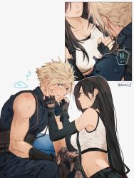 Rule 34 | !, !!, 1boy, 1girl, bare shoulders, black hair, blonde hair, blue eyes, blush, breasts, bruise, bruise on face, cloud strife, crop top, ear blush, earrings, embarrassed, final fantasy, final fantasy vii, final fantasy vii remake, fingerless gloves, gloves, hands on another&#039;s face, highres, injury, jewelry, large breasts, long hair, looking at another, maiii (smaii i), red eyes, simple background, sitting, skirt, sleeveless, sleeveless turtleneck, spiked hair, suspender skirt, suspenders, sweat, sweater, tank top, tifa lockhart, turtleneck, turtleneck sweater, white tank top