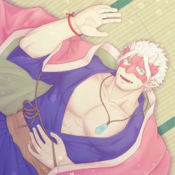 Rule 34 | 1boy, abs, bara, facial hair, green eyes, highres, japanese clothes, jewelry, kimono, lying, male focus, mask, mature male, muscular, muscular male, necklace, oni mask, original, pectoral cleavage, pectorals, pointy ears, porkjinta, puffy chest, scar, smile, tusks, white hair, wooden floor, yukata