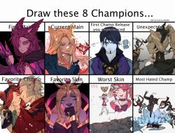 Rule 34 | 4boys, 6+girls, ahri (league of legends), animal ears, aphelios, black hair, blonde hair, blue eyes, breasts, cleavage, closed eyes, commentary, coven zyra, crescent, crescent facial mark, dark cosmic lux, english commentary, english text, expressionless, facial mark, facial tattoo, fox ears, fox girl, hair between eyes, heart, highres, k/da all out ahri, katarina (league of legends), league of legends, leblanc (league of legends), lol beeta500, long hair, lux (league of legends), medium breasts, multiple boys, multiple girls, official alternate costume, official alternate hairstyle, one eye closed, pale skin, parted bangs, pink eyes, pink hair, ponytail, purple eyes, rakan (league of legends), shaco, short hair, sidelocks, smile, star guardian (league of legends), star guardian ahri, star guardian lux, star guardian xayah, tattoo, template, v, whisker markings, white hair, xayah, zed (league of legends), zyra