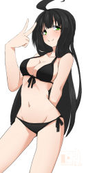 Rule 34 | 1girl, ahoge, arm behind back, bikini, black bikini, black hair, breasts, cleavage, front-tie top, green eyes, inaka keikou, long hair, medium breasts, navel, original, sho yayoi, side-tie bikini bottom, simple background, smile, solo, swimsuit, v, white background