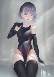 Rule 34 | 1girl, black gloves, black thighhighs, blush, breasts, competition swimsuit, elbow gloves, fate/grand order, fate (series), gloves, hair ribbon, helena blavatsky (fate), helena blavatsky (swimsuit archer) (fate), highleg, highleg swimsuit, highres, imizu (nitro unknown), looking at viewer, medium breasts, one-piece swimsuit, open mouth, purple eyes, purple hair, ribbon, short hair, sitting, solo, swimsuit, thighhighs
