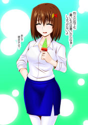 Rule 34 | 1girl, blush, breasts, brown hair, collarbone, engo (aquawatery), closed eyes, food, hair ornament, hairclip, lyrical nanoha, mahou shoujo lyrical nanoha strikers, medium breasts, open mouth, popsicle, short hair, solo, standing, translation request, yagami hayate