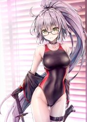 Rule 34 | 1girl, ahoge, black gloves, black jacket, window blinds, blush, breasts, brown-framed eyewear, choker, collarbone, commentary request, competition swimsuit, covered navel, fate/grand order, fate (series), glasses, gloves, gluteal fold, groin, hair between eyes, hand on hilt, hand on sword, highleg, highleg swimsuit, highres, indoors, jacket, jeanne d&#039;arc alter (swimsuit berserker) (fate), jeanne d&#039;arc (fate), jeanne d&#039;arc (swimsuit archer) (second ascension) (fate), jeanne d&#039;arc alter (fate), jeanne d&#039;arc alter (swimsuit berserker) (fate), katana, koyuki (kotatsu358), large breasts, light particles, long hair, looking at viewer, one-piece swimsuit, parted lips, ponytail, purple hair, sheath, shrug (clothing), sidelocks, skindentation, solo, swimsuit, sword, thigh strap, very long hair, weapon, yellow eyes