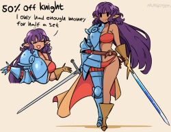 Rule 34 | 1girl, armor, dual wielding, english text, holding, murgoten, pointy ears, purple hair, sword, weapon
