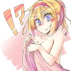 Rule 34 | !?, 1girl, alice margatroid, blonde hair, blue eyes, blush, breasts, cleavage, dondyuruma, hair between eyes, hairband, looking at viewer, medium breasts, multicolored background, naked towel, pink towel, ponytail, short hair, solo, touhou, towel, two-tone background, upper body