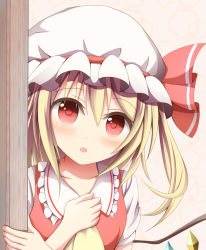 Rule 34 | 1girl, ascot, blonde hair, blush, flandre scarlet, hand on own chest, hat, kuroganeruto, looking at viewer, open mouth, peeking out, red eyes, short hair, side ponytail, solo, touhou, wings