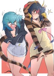 2girls bare_legs black_hair black_hoodie blonde_hair blue_eyes blue_hair blush bow bowtie cosplay costume_switch cowboy_shot embarrassed hair_between_eyes highres hood hood_down hood_up hoodie kemono_friends long_hoodie long_sleeves looking_at_viewer mittens multicolored_hair multiple_girls open_mouth penguin_girl penguin_tail pink_bow pink_bowtie print_hoodie red_eyes red_hair rockhopper_penguin_(kemono_friends) rockhopper_penguin_(kemono_friends)_(cosplay) short_hair sidelocks snake_girl snake_print snake_tail tail tsuchinoko_(kemono_friends) tsuchinoko_(kemono_friends)_(cosplay) twintails two-tone_hoodie white_hoodie wifi1981321