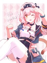 Rule 34 | 1girl, ;d, animal ears, arknights, arm up, black hairband, black jacket, black skirt, braid, breasts, cat day, cat ears, cat girl, cat tail, collarbone, commentary request, dated, feet out of frame, garter straps, goldenglow (arknights), hair between eyes, hair over shoulder, hairband, hand up, high-waist skirt, highres, jacket, knees up, lightning bolt print, long hair, long sleeves, looking at viewer, one eye closed, open clothes, open jacket, open mouth, orange eyes, paw pose, pink hair, print hairband, puffy long sleeves, puffy sleeves, shirt, single braid, skirt, small breasts, smile, solo, tail, thighhighs, white shirt, white thighhighs, yatori suminohi
