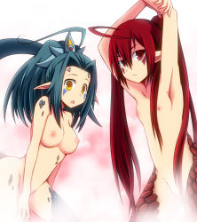Rule 34 | 2girls, :&lt;, ahoge, armpits, blue hair, breasts, facial mark, flat chest, long hair, looking at viewer, monster girl, multiple girls, n (ruff), nipples, nude, original, pointy ears, ponytail, red eyes, red hair, steam, tail, yellow eyes