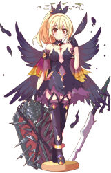 Rule 34 | 1girl, absurdres, black thighhighs, blonde hair, blush, closed mouth, collarbone, fallen angel, feathers, full body, gloves, highres, princess connect!, quria (princess connect!), shield, solo, standing, sword, thighhighs, weapon, white background, wings, yamada prcn, yellow eyes