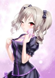Rule 34 | 10s, 1girl, blush, clothes pull, drill hair, idolmaster, idolmaster cinderella girls, idolmaster cinderella girls starlight stage, kanzaki ranko, long hair, one eye closed, red eyes, silver hair, solo, twin drills, twintails, zen
