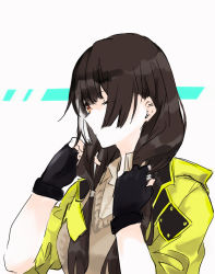 Rule 34 | 1girl, black gloves, brown hair, brown sweater vest, closed mouth, fingerless gloves, girls&#039; frontline, gloves, hair between eyes, hands in hair, jacket, long hair, looking at viewer, multicolored hair, one eye closed, open clothes, open jacket, profile, red eyes, ro635 (girls&#039; frontline), shirt, simple background, sleeves rolled up, solo, streaked hair, sweater vest, tarano (tsumugiko), upper body, yellow jacket