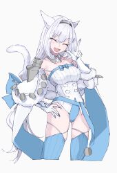 Rule 34 | 1girl, absurdres, animal ears, blue thighhighs, breasts, capelet, cat ears, cat tail, cropped legs, dobrynya nikitich (fate), dobrynya nikitich (third ascension) (fate), fang, fate/grand order, fate (series), fur-trimmed capelet, fur trim, gloves, hand on own hip, highres, large breasts, leotard, long hair, tail, thighhighs, v, white background, white gloves, white hair, yamamon 0