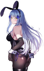 Rule 34 | 1girl, 3 small spiders, absurdres, animal ears, aqua hair, ass, black gloves, black leotard, black pantyhose, boots, breasts, detached collar, elbow gloves, fake tail, girls&#039; frontline, gloves, green eyes, grey hair, highres, hk416 (girls&#039; frontline), leotard, long hair, medium breasts, pantyhose, playboy bunny, rabbit ears, rabbit tail, simple background, solo, strapless, strapless leotard, tail, teardrop, teardrop facial mark, teardrop tattoo, thigh boots, white background, wrist cuffs