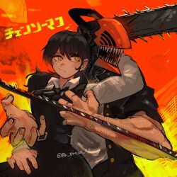 Rule 34 | 1boy, 1girl, black hair, blood, bloody weapon, breasts, chainsaw, chainsaw man, denji (chainsaw man), dress, facing to the side, fourth east high school uniform, gakuran, highres, long hair, looking to the side, low twintails, medium breasts, mitaka asa, open mouth, pinafore dress, pk draws 40, school uniform, sharp teeth, sleeveless, sleeveless dress, teeth, twintails, twitter username, weapon, yellow eyes
