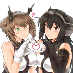 Rule 34 | 10s, 2girls, bare shoulders, black hair, blush, brown hair, gloves, green eyes, hair ornament, hairband, halcon, halcon matsumoto, headgear, heart, heart hands, heart hands duo, kantai collection, long hair, looking at viewer, multiple girls, mutsu (kancolle), nagato (kancolle), personification, red eyes, short hair