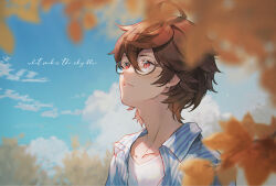 Rule 34 | 1boy, ahoge, autumn leaves, blue jacket, blue sky, blurry, brown hair, cloud, cloudy sky, commentary, cropped shoulders, depth of field, endend (shinia), english commentary, english text, granblue fantasy, hair between eyes, highres, jacket, leaf, looking up, male focus, maple leaf, messy hair, official alternate costume, parted lips, red eyes, round eyewear, sandalphon (granblue fantasy), shirt, short hair, sky, solo focus, striped clothes, striped shirt, tree, vertical-striped clothes, vertical-striped shirt, white shirt