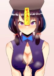 Rule 34 | 1girl, absurdres, black hair, black hat, blue bow, blue dress, blush, bow, bowtie, breasts, china dress, chinese clothes, cleavage, cleavage cutout, closed mouth, clothing cutout, commentary request, covered erect nipples, dress, embarrassed, halloween costume, hat, highres, jiangshi, kotobuki (stealth sendan), long hair, low twintails, medium breasts, official alternate costume, ofuda, pulling own clothes, purple eyes, qingdai guanmao, simple background, sleeveless, sleeveless dress, solo, sweatdrop, tamura yuri, translation request, twintails, upper body, watashi ga motenai no wa dou kangaetemo omaera ga warui!, wavy mouth