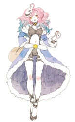 Rule 34 | 1girl, ahoge, bell, black footwear, black shirt, black shorts, blue cape, blue hair, blue sleeves, breasts, cape, clothing cutout, commentary request, detached sleeves, full body, fur-trimmed cape, fur-trimmed sleeves, fur trim, gradient hair, halterneck, high heels, highres, jingle bell, long hair, looking afar, looking to the side, mask, mask on head, medium breasts, multicolored hair, navel, neck bell, open mouth, orange eyes, pink hair, ragnarok online, shirt, short shorts, shorts, simple background, solo, spiked anklet, stalker (ragnarok online), stomach cutout, tokio (okt0w0), two side up, waist cape, white background