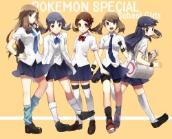 Rule 34 | 00s, 1990s (style), 5girls, alternate costume, bag, bike shorts, black hair, blazer, blue eyes, blue hair, bow, bowtie, bread slice, brown eyes, brown hair, copyright name, creatures (company), dawn (pokemon), duffel bag, earrings, english text, flat chest, food, food in mouth, game freak, gloves, green (pokemon), hair bow, hair ornament, hand on own hip, happy, hip focus, holding, holding poke ball, jacket, jewelry, kneehighs, kris (pokemon), legs, lineup, loafers, long hair, looking back, loose socks, lyra (pokemon), may (pokemon), mouth hold, multiple girls, necktie, nintendo, pleated skirt, poke ball, pokemon, pokemon adventures, pokemon dppt, pokemon frlg, pokemon gsc, pokemon hgss, pokemon rse, retro artstyle, running, school uniform, see-through, shoes, short hair, short twintails, skirt, smile, sneakers, socks, standing, star (symbol), thighhighs, toast, toast in mouth, twintails, weee (raemz), white thighhighs, wristband
