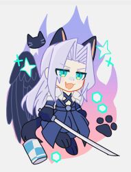 Rule 34 | &gt;:), 1boy, animal ears, animal feet, animal hands, armor, black coat, black pants, can, cat boy, cat ears, cat tail, chest strap, chibi, coat, drink can, fang, final fantasy, final fantasy vii, fire, full body, gradient background, green eyes, highres, holding, holding sword, holding weapon, katana, keiseki1, kemonomimi mode, leg up, long hair, male focus, open mouth, pants, pauldrons, paw print, purple hair, sephiroth, shoulder armor, skin fang, slit pupils, smile, soda can, solo, sparkle, sword, tail, v-shaped eyebrows, weapon