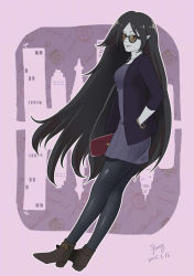 Rule 34 | 1girl, 2015, adventure time, bag, bite mark, black hair, black pantyhose, boots, bracelet, colored skin, contemporary, dated, dress, grey skin, hand in pocket, handbag, highres, jacket, jewelry, long hair, looking at viewer, looking to the side, marceline abadeer, mikazuki mika23, necklace, pantyhose, pointy ears, red eyes, short dress, signature, solo, sunglasses, vampire, very long hair