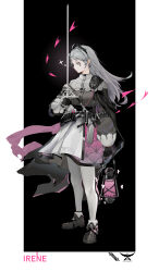 Rule 34 | 1girl, absurdres, ammunition belt, arknights, black cape, black footwear, black gloves, breasts, cape, capelet, character name, closed mouth, commentary, dangle earrings, earrings, expressionless, eyelashes, front-seamed legwear, full body, gloves, grey eyes, grey hair, grey shirt, gun, handgun, head wings, highres, holding, holding lantern, holding sword, holding weapon, holster, irene (arknights), jewelry, lantern, layered skirt, long hair, medium breasts, pantyhose, pink pupils, pink skirt, rapier, scar, scar across eye, seamed legwear, shenhaijiaolonglaohuadeng, shirt, shoes, skirt, solo, standing, sword, torn cape, torn clothes, two-tone skirt, weapon, white capelet, white pantyhose, white skirt, wings