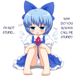 1girl barefoot bebeneko blue_bow blue_eyes blue_hair bow cirno commentary crying crying_with_eyes_open female_focus hair_bow hard-translated matching_hair/eyes open_mouth panties pantyshot short_hair short_sleeves simple_background solo tears text_focus third-party_edit touhou translated underwear white_background white_panties