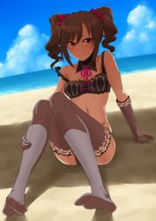 Rule 34 | 10s, 1girl, bare shoulders, beach, blush, bra, breasts, cloud, collarbone, day, drill hair, elbow gloves, feet, gloves, grey thighhighs, idolmaster, idolmaster cinderella girls, kanzaki ranko, no shoes, outdoors, pink eyes, rison, shade, silver hair, sitting, sky, small breasts, smile, soles, solo, strap slip, sweat, thighhighs, twin drills, twintails, underwear, water