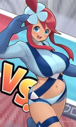 Rule 34 | 1girl, :d, arm up, blue eyes, blue gloves, blue shorts, blush, breasts, creatures (company), crop top, elbow gloves, game freak, gloves, hair ornament, highres, jampen, large breasts, navel, nintendo, one side up, open mouth, pokemon, pokemon bw, red hair, short shorts, shorts, skyla (pokemon), smile, solo, stomach, suspender shorts, suspenders, tan, thigh strap, thighs, vs