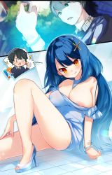 Rule 34 | !?, 1boy, 1girl, :p, absurdres, blue hair, blush, bracelet, breasts, genderswap, genderswap (mtf), glowing, hair ornament, high heels, highres, jewelry, kurimochi chizuru, large breasts, long hair, magic, nipples, o o, one breast out, orange eyes, original, second-party source, sitting, smile, strap slip, tongue, tongue out, x hair ornament