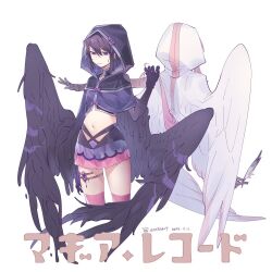 2girls animal_hands artist_name bird_wings capelet chinese_text claws closed_mouth commentary_request cropped_legs dated feathered_wings half-harpy hand_up highres hood hood_up kuroe_(madoka_magica) looking_at_viewer magia_record:_mahou_shoujo_madoka_magica_gaiden mahou_shoujo_madoka_magica monster_girl multiple_girls pink_thighhighs purple_capelet purple_eyes purple_hair purple_wings short_hair simple_background skirt tamaki_iroha thighhighs translation_request twitter_username white_background white_wings wings zocehuy