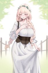 Rule 34 | 1girl, absurdres, artist name, averting eyes, blanche neige (svet yomi), blonde hair, blush, braid, breasts, cleavage, commentary, corset, dress, english commentary, fence, french braid, hand on own chest, head wreath, highres, large breasts, long hair, long sleeves, original, outdoors, pink eyes, solo, svet yomi, sweatdrop, twin braids, very long hair, white dress