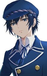 Rule 34 | 1girl, blue eyes, blue hat, blue jacket, blue ribbon, cabbie hat, closed mouth, collared shirt, hair between eyes, hat, isa (peien516), jacket, looking at viewer, neck ribbon, persona, persona 4, reverse trap, ribbon, school uniform, shirogane naoto, shirt, short hair, simple background, solo, upper body, white background, white shirt