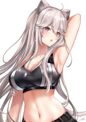 Rule 34 | 1girl, absurdres, ahoge, animal ears, arm behind head, arm up, armpits, breasts, dog tags, grey eyes, grey hair, hair between eyes, highres, hololive, large breasts, lion ears, long hair, midriff, navel, nyctea snow, official alternate costume, open mouth, shishiro botan, shishiro botan (button-down), signature, solo, sports bra, upper body, very long hair, virtual youtuber, white background