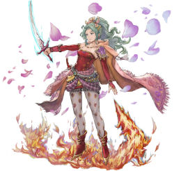 Rule 34 | 1girl, armor, blue eyes, cape, cloak, final fantasy, final fantasy vi, fire, green hair, holding, holding sword, holding weapon, iwauchi tomoki, jewelry, leggings, long hair, pantyhose, pauldrons, ponytail, red footwear, shoulder armor, simple background, single bare shoulder, single pauldron, sword, tina branford, weapon, white background