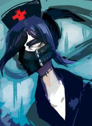Rule 34 | 1girl, 2013, black hair, blue background, hallow (skullgirls), hat, highres, lightning-seal, mask, nurse cap, ponytail, skullgirls, solo, stitches, white eyes
