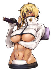 Rule 34 | 1girl, abs, akinaie, arm under breasts, bleach, blonde hair, braid, breast tattoo, breasts, cosplay, cropped jacket, dark-skinned female, dark skin, eyepatch, facial tattoo, high collar, jacket, large breasts, long hair, long sleeves, looking at viewer, megido72, navel, over shoulder, pubic tattoo, purple eyes, side braid, solo, stomach, stomach tattoo, sword, tattoo, tier harribel, tier harribel (cosplay), underboob, upper body, valefor (megido72), weapon, weapon over shoulder, white background, white jacket